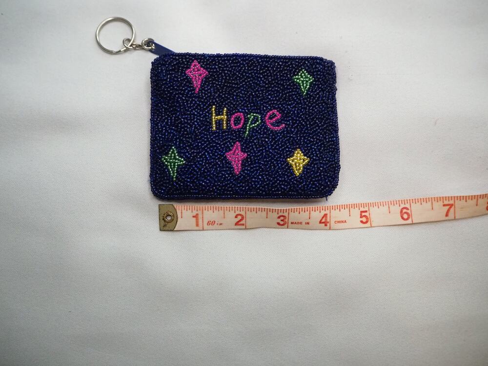 Hand Beaded Hope Coin Purse Keychain Small Navy Blue Chinese Character Zip Pouch